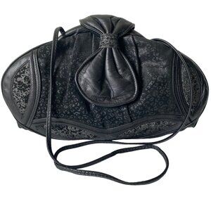 Aviva 80's wide mouth leather handbag leopard print black bow glitter purse‎ USA